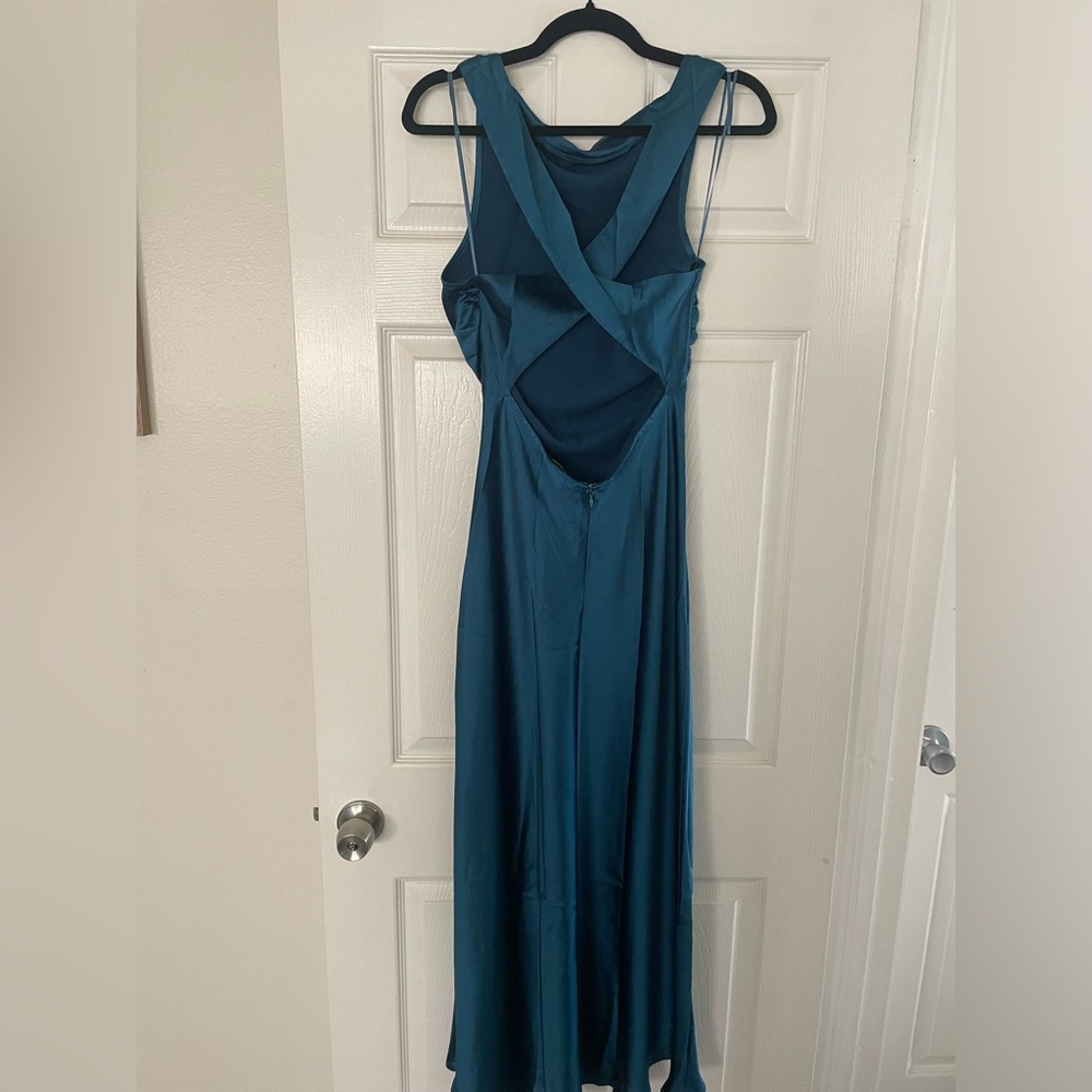 NWT House of Harlow 1960 Teal Blue Halter Dress Cocktail Cowl neck Satin Maxi M - Picture 7 of 12